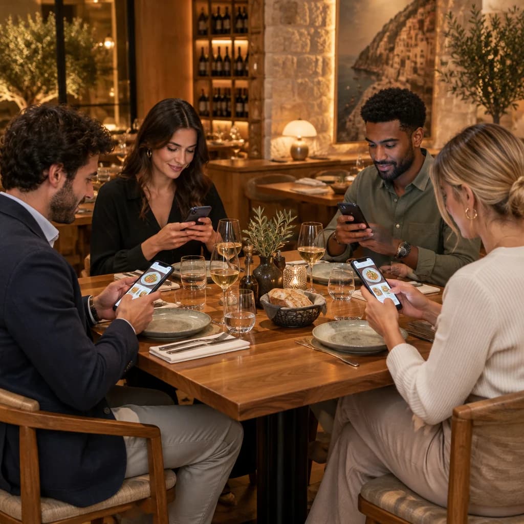Quattro ospiti al tavolo consultano il menu digitale dal proprio smartphone