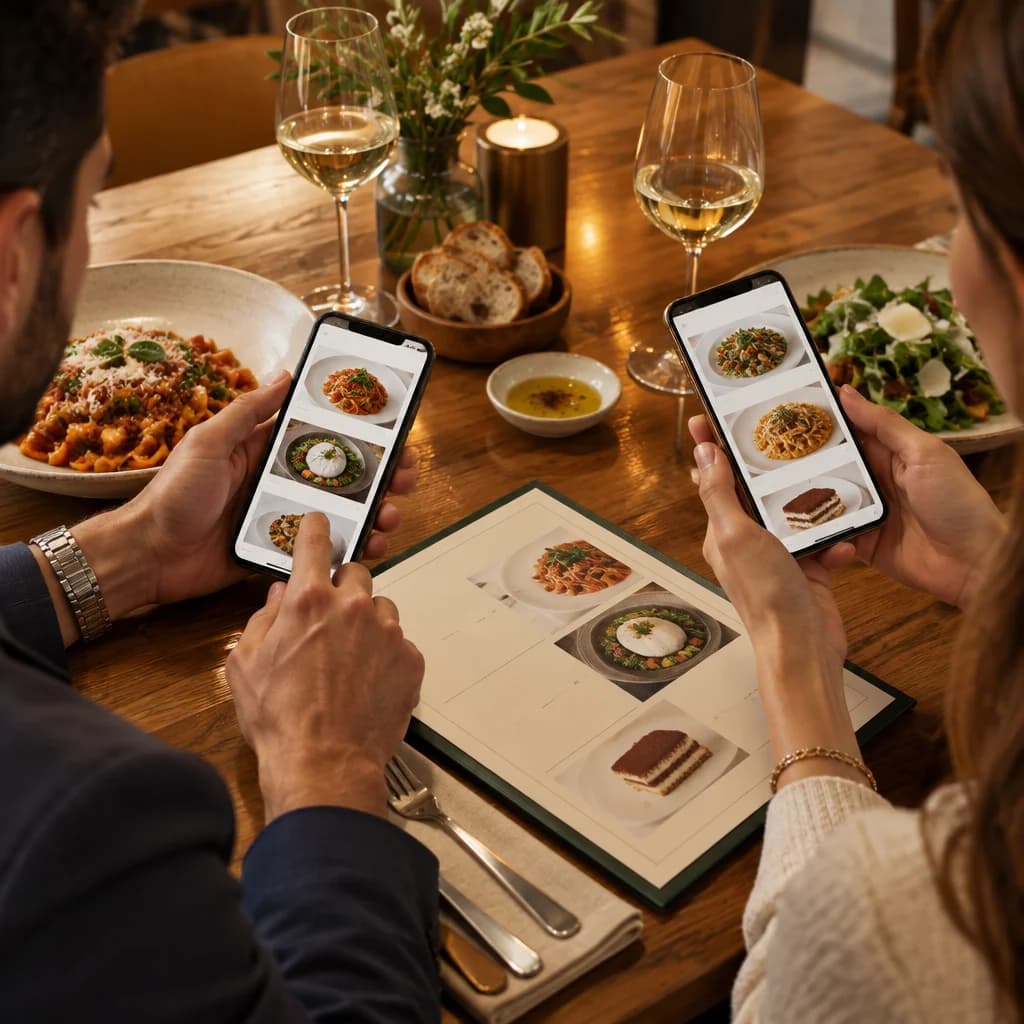Ospiti al tavolo consultano il menu digitale accanto a un menu stampato.