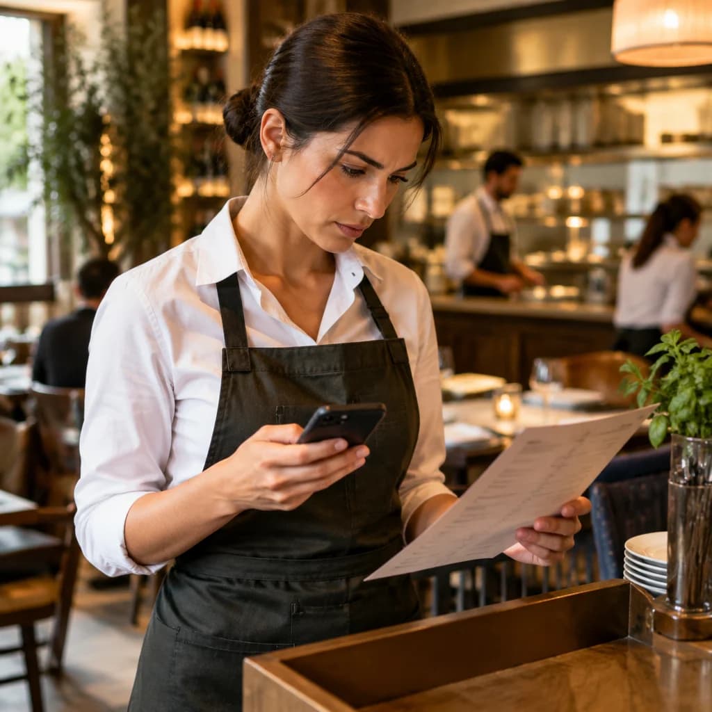 Responsabile di sala confronta un menu stampato con lo smartphone durante il servizio.