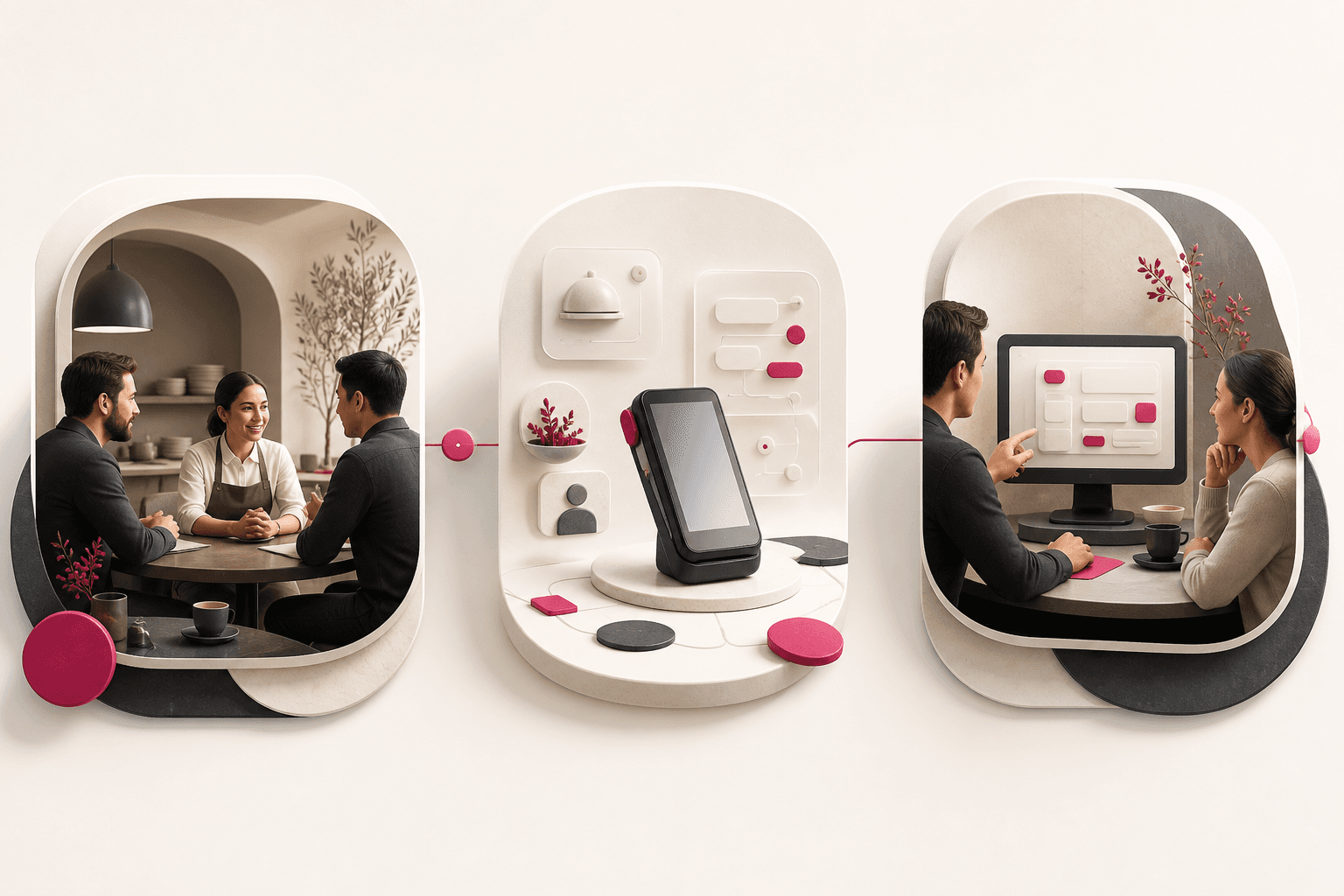 Tres momentos de una demo de Qodeup: escuchar al restaurante, preparar la configuración y realizar la sesión.