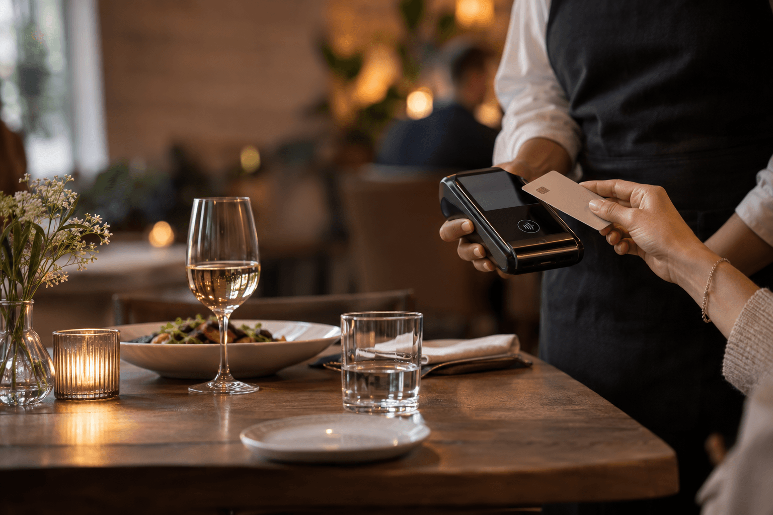 Guest making a card payment at a restaurant table.