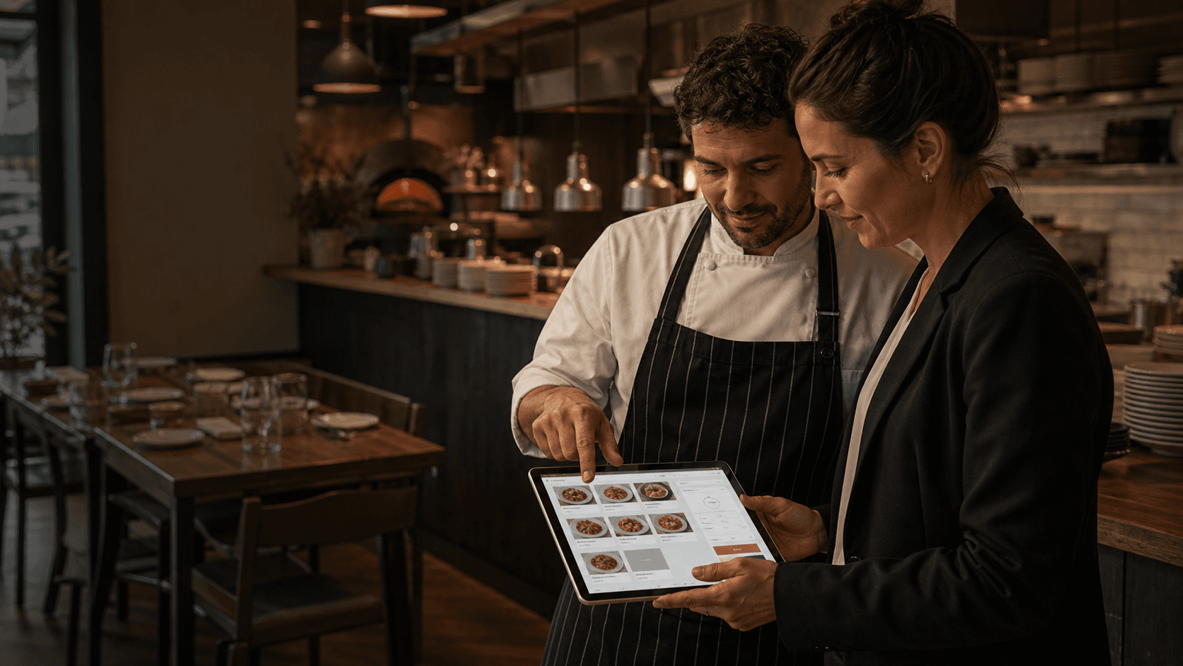 Responsabile di ristorante e chef che lavorano sul menu con gli agenti AI Qodeup